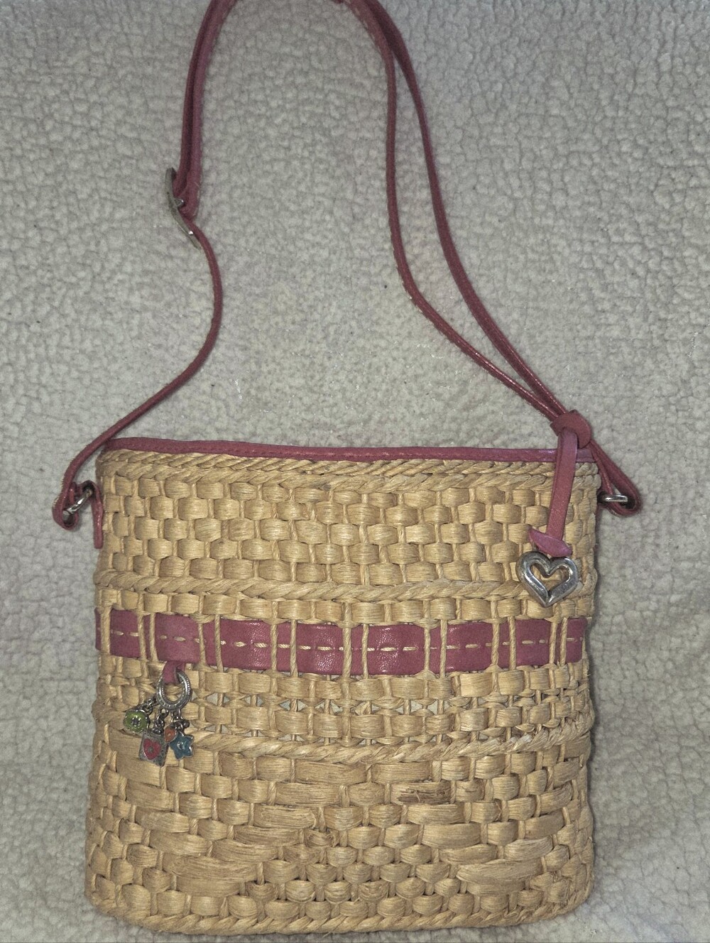 Brighton Woven Straw Crossbody Bag with Pink Trim